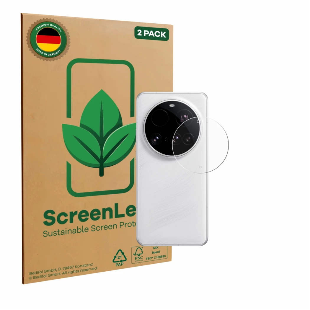 Parte frontale di una confezione del prodotto con il logo del marchio ScreenLeaf. Accanto è raffigurato il dispositivo Xiaomi 