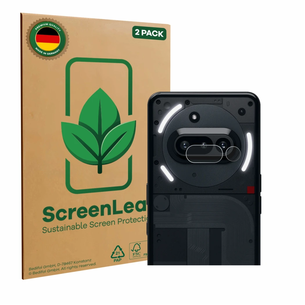 Parte frontale di una confezione del prodotto con il logo del marchio ScreenLeaf. Accanto è raffigurato il dispositivo Nothing