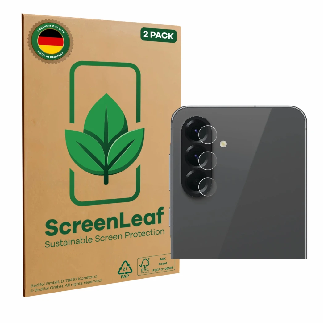 Parte frontale di una confezione del prodotto con il logo del marchio ScreenLeaf. Accanto è raffigurato il dispositivo Samsung