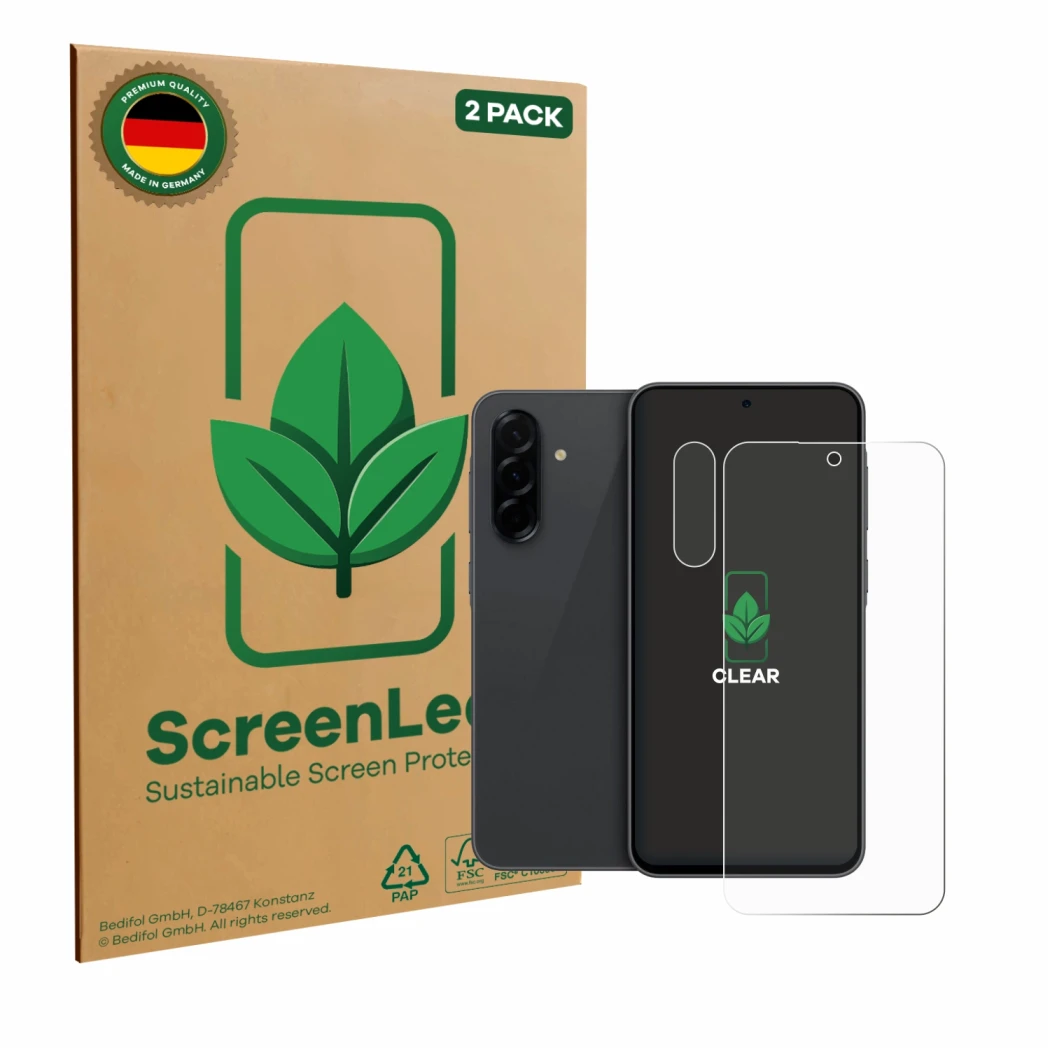 Parte frontale di una confezione del prodotto con il logo del marchio ScreenLeaf. Accanto è raffigurato il dispositivo Samsung