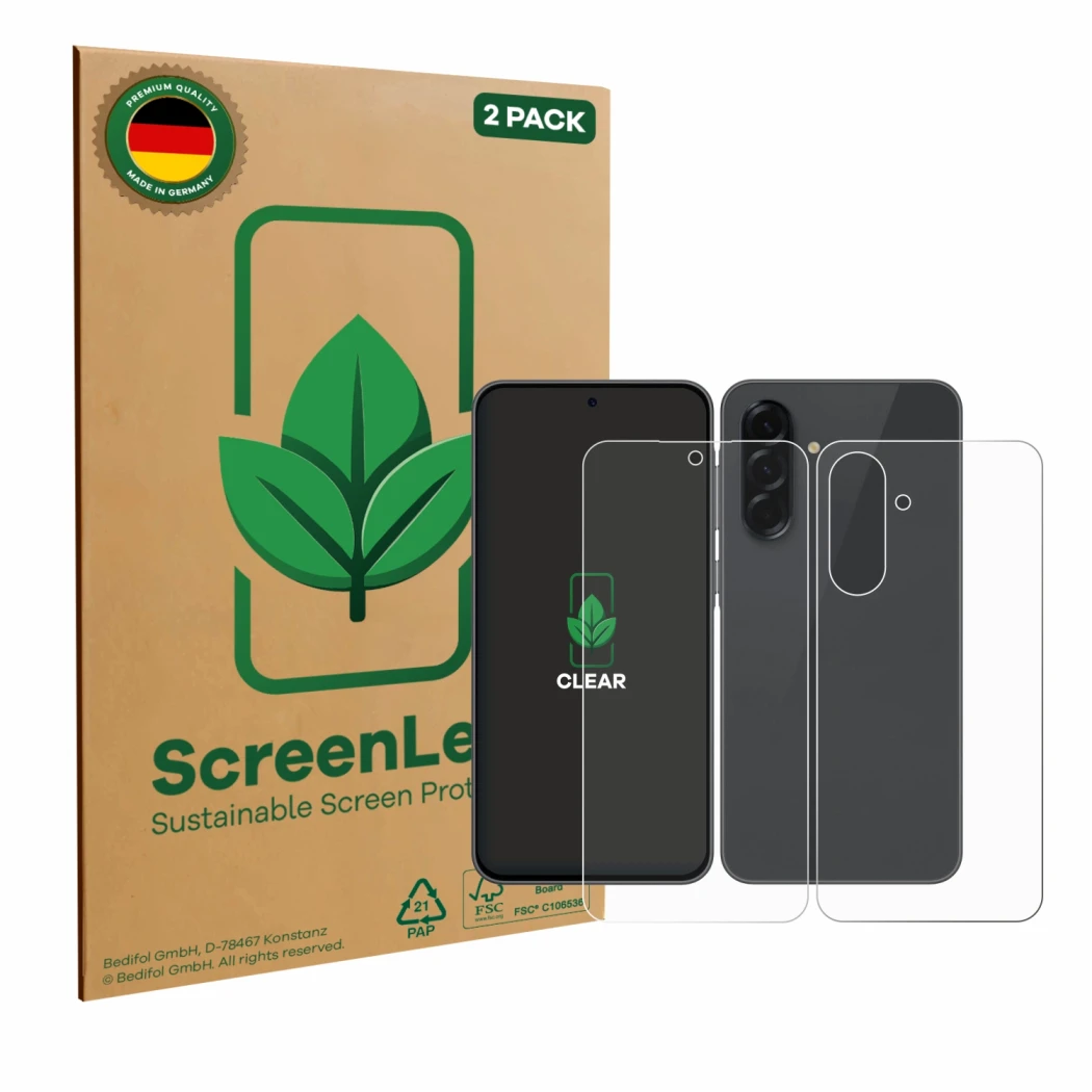 Parte frontale di una confezione del prodotto con il logo del marchio ScreenLeaf. Accanto è raffigurato il dispositivo Samsung