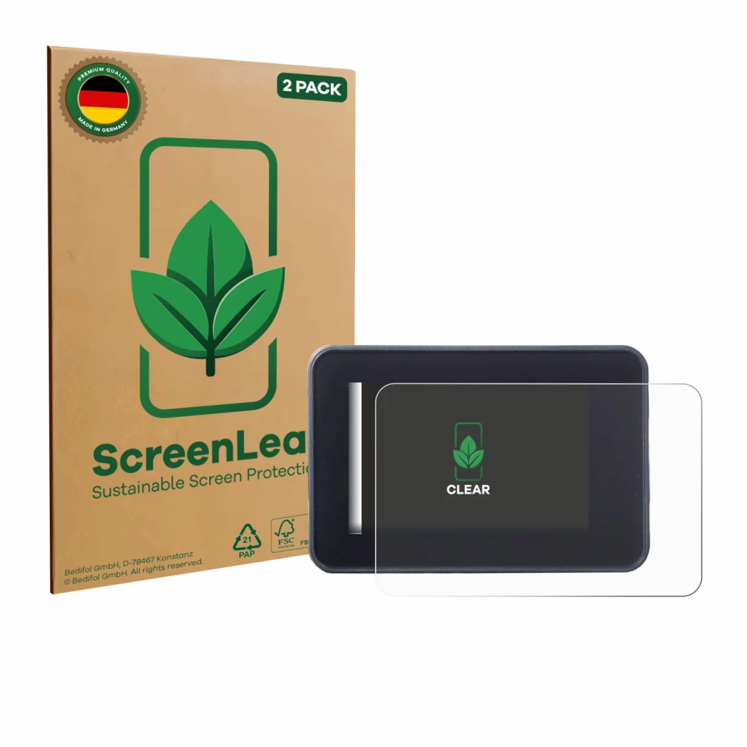 Parte frontale di una confezione del prodotto con il logo del marchio ScreenLeaf. Accanto è raffigurato il dispositivo Yamaha 