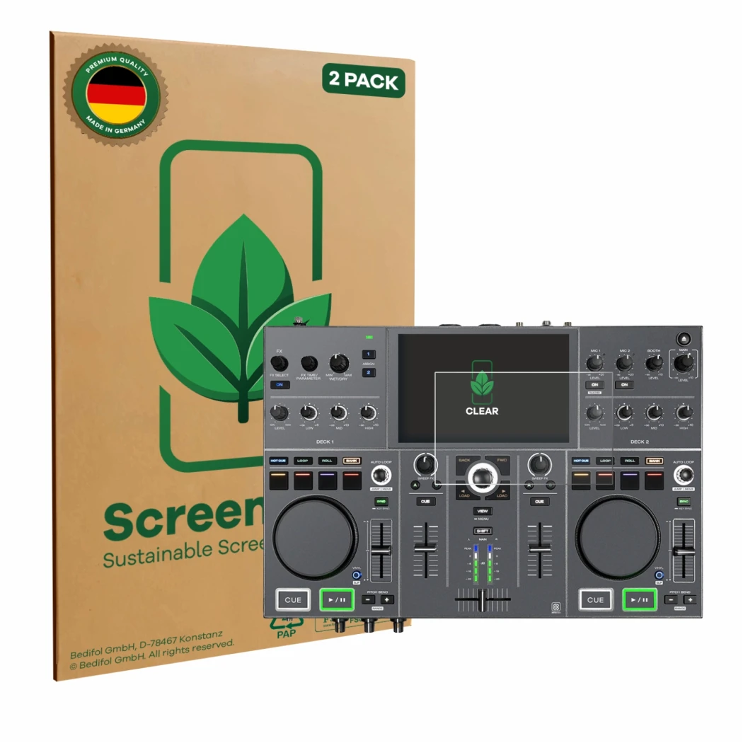 Parte frontale di una confezione del prodotto con il logo del marchio ScreenLeaf. Accanto è raffigurato il dispositivo Denon D