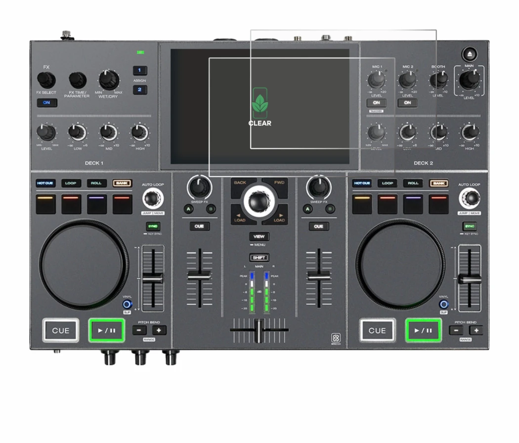 Immagine del dispositivo Denon DJ Prime Go+ con un'ampia varietà di protezioni per lo schermo.