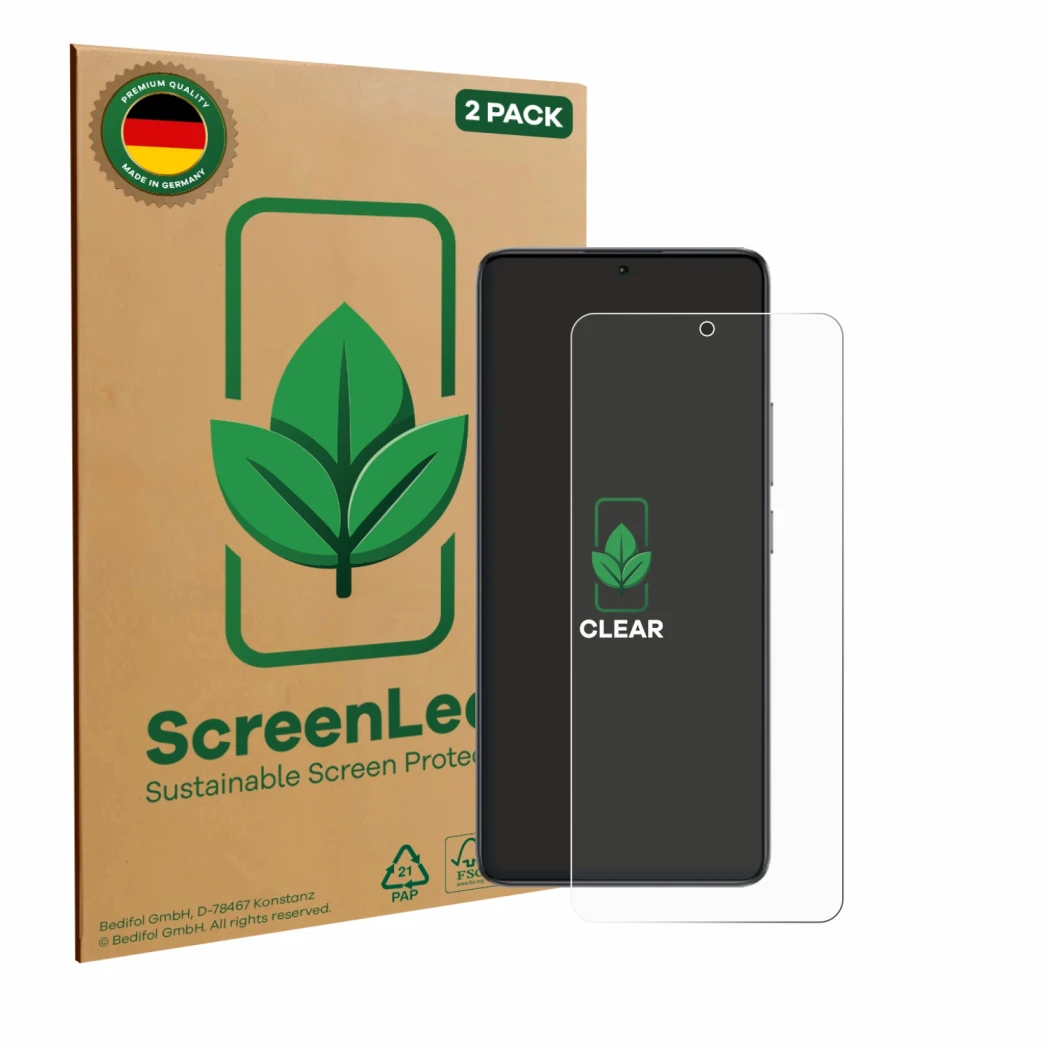 Parte frontale di una confezione del prodotto con il logo del marchio ScreenLeaf. Accanto è raffigurato il dispositivo Xiaomi 