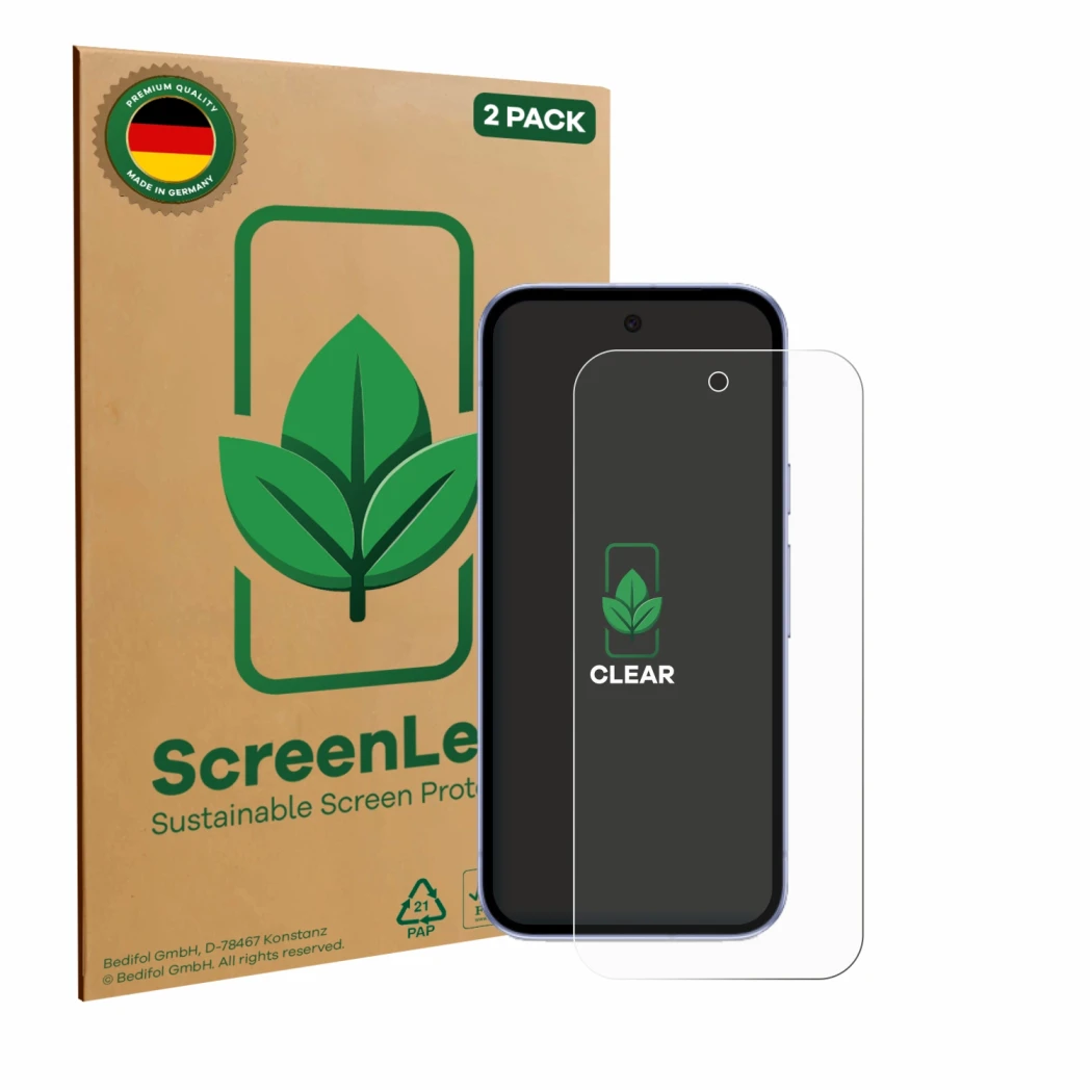 Parte frontale di una confezione del prodotto con il logo del marchio ScreenLeaf. Accanto è raffigurato il dispositivo Google 