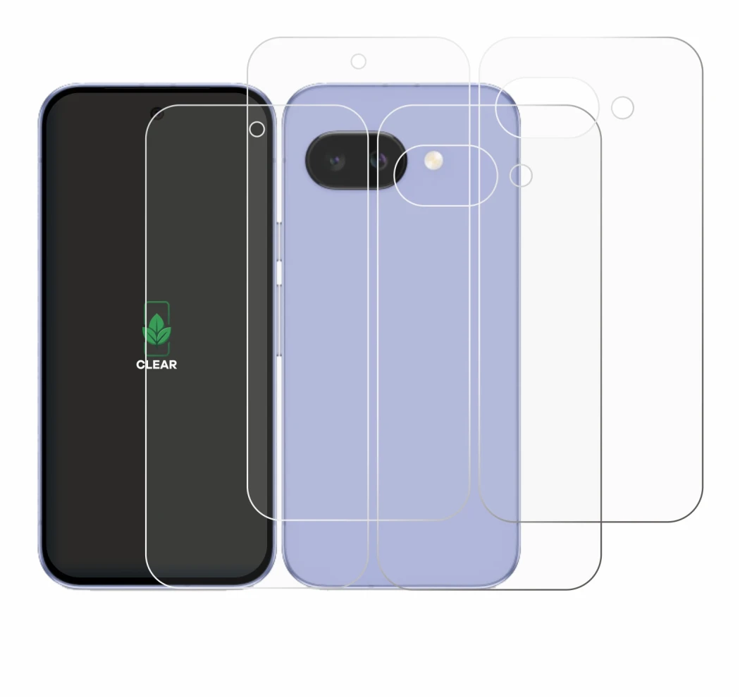 Immagine del dispositivo Google Pixel 9a (Fronte+Retro) con un'ampia varietà di protezioni per lo schermo.