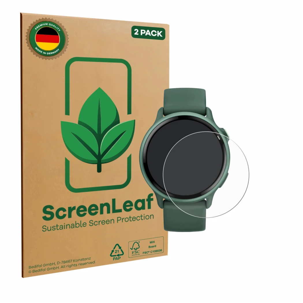 Parte frontale di una confezione del prodotto con il logo del marchio ScreenLeaf. Accanto è raffigurato il dispositivo Garmin 