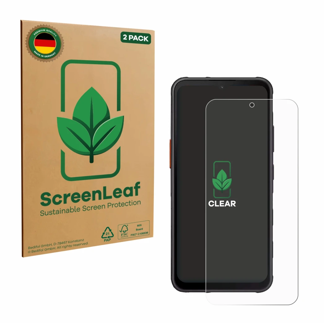 Parte frontale di una confezione del prodotto con il logo del marchio ScreenLeaf. Accanto è raffigurato il dispositivo Samsung
