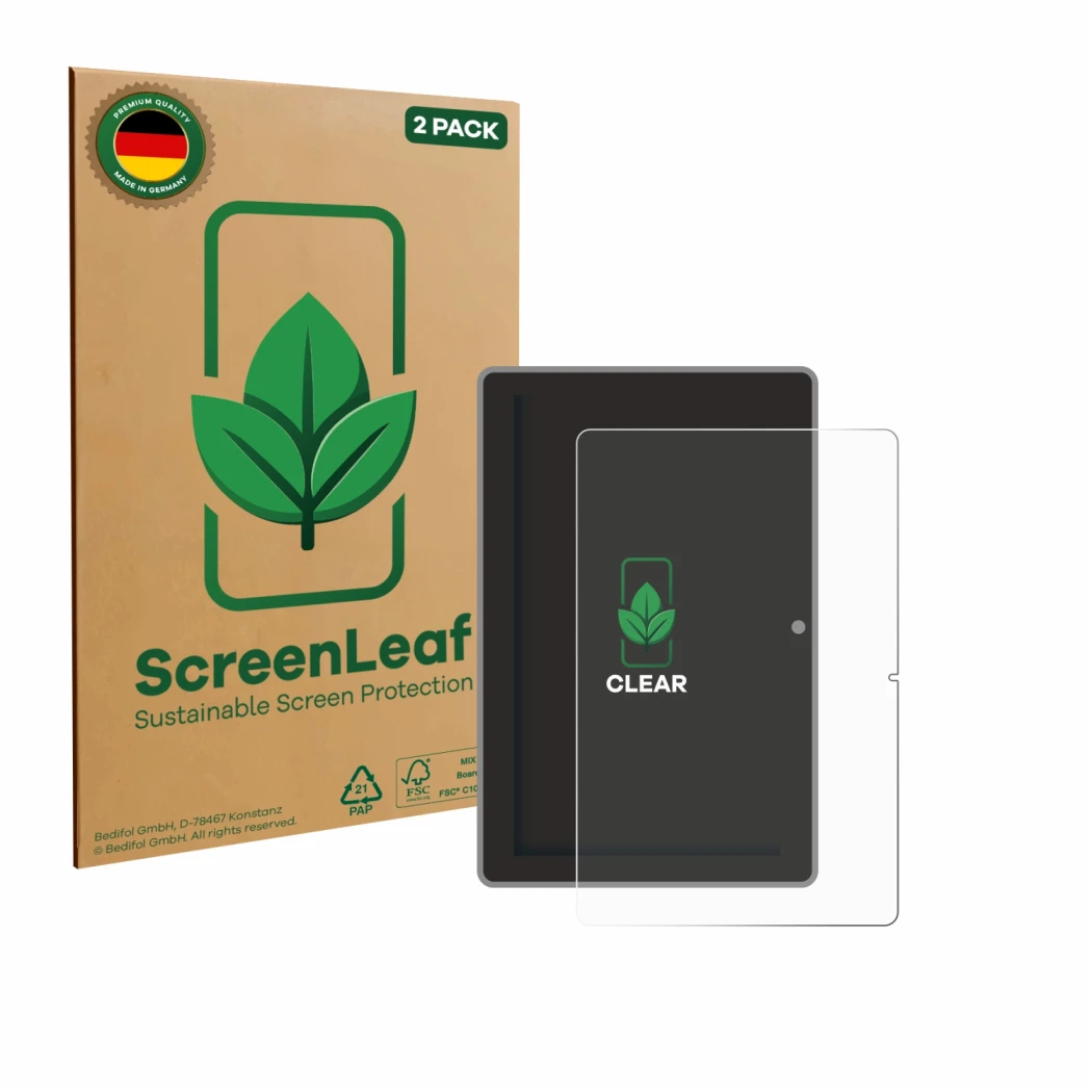 Parte frontale di una confezione del prodotto con il logo del marchio ScreenLeaf. Accanto è raffigurato il dispositivo Lenovo 