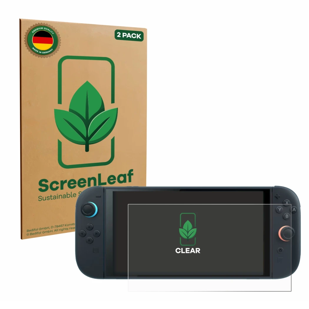 Parte frontale di una confezione del prodotto con il logo del marchio ScreenLeaf. Accanto è raffigurato il dispositivo Nintend
