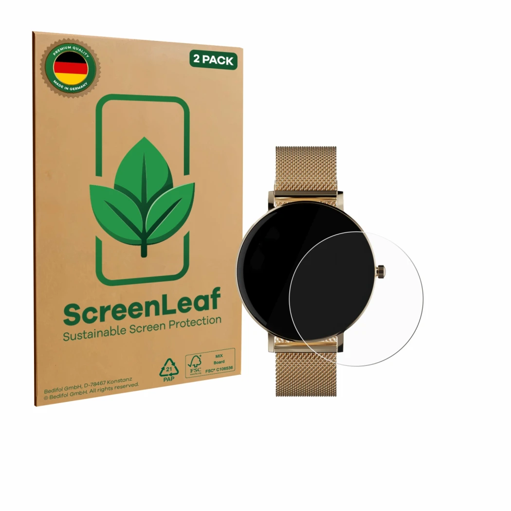 Parte frontale di una confezione del prodotto con il logo del marchio ScreenLeaf. Accanto è raffigurato il dispositivo ZenWatc