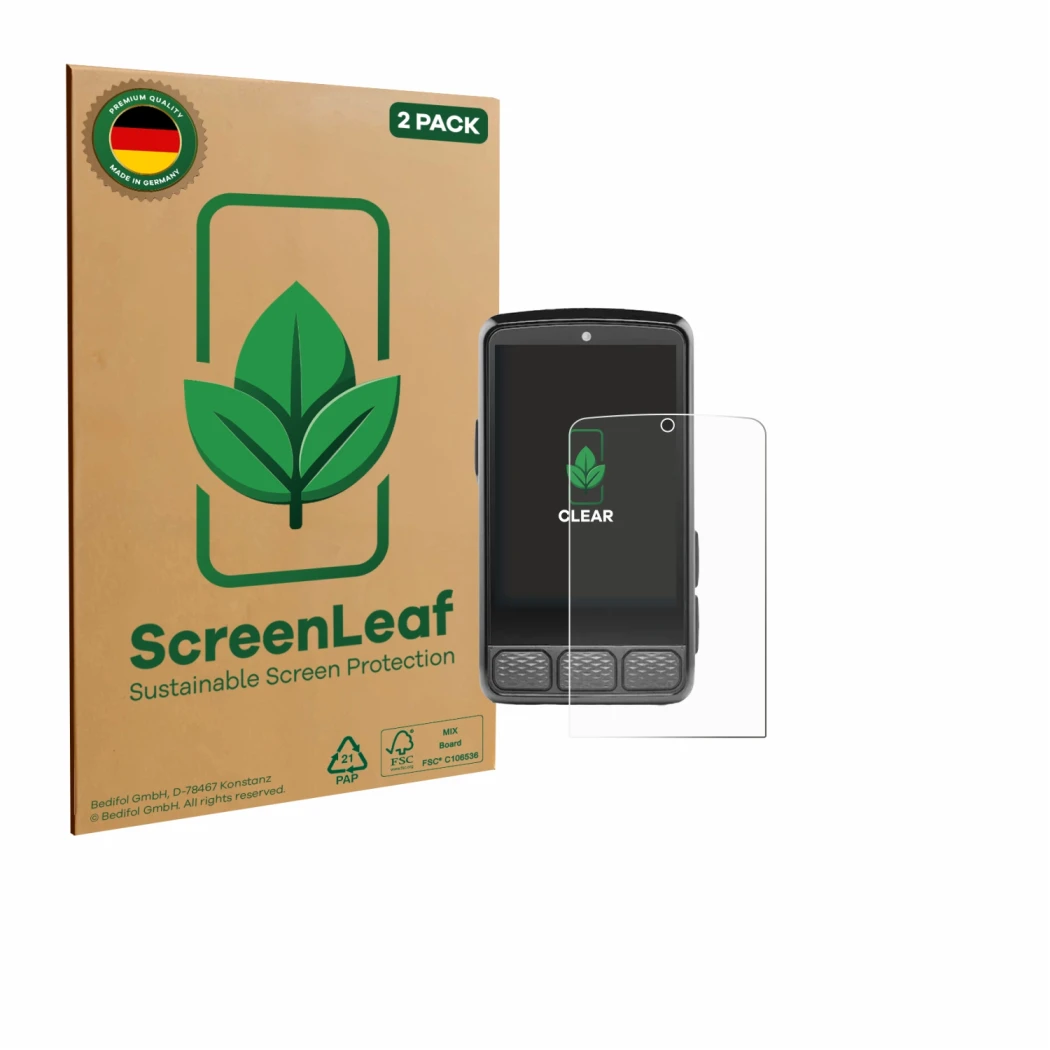 Parte frontale di una confezione del prodotto con il logo del marchio ScreenLeaf. Accanto è raffigurato il dispositivo Wahoo E