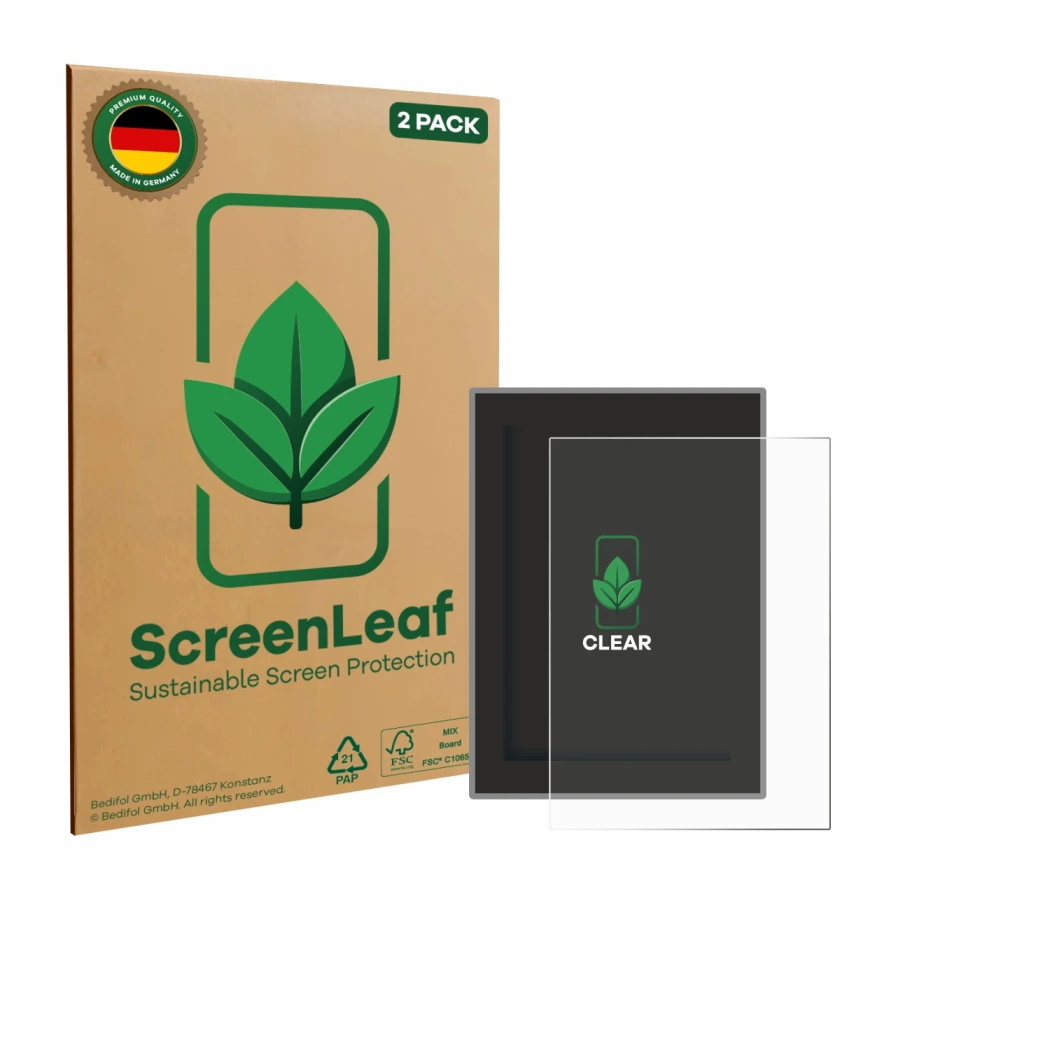Parte frontale di una confezione del prodotto con il logo del marchio ScreenLeaf. Accanto è raffigurato il dispositivo Volvo X