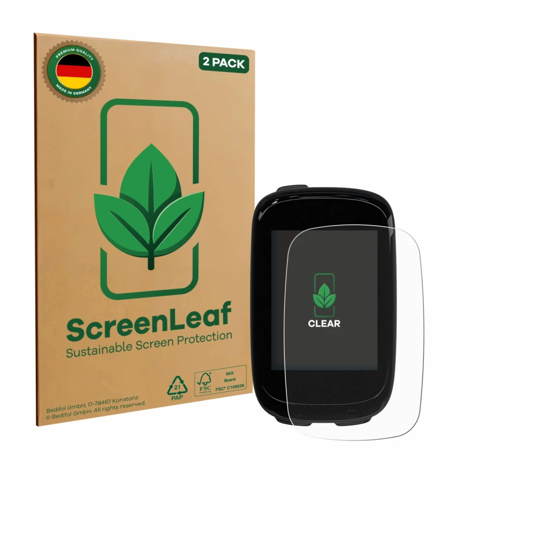 Parte frontale di una confezione del prodotto con il logo del marchio ScreenLeaf. Accanto è raffigurato il dispositivo Decathl