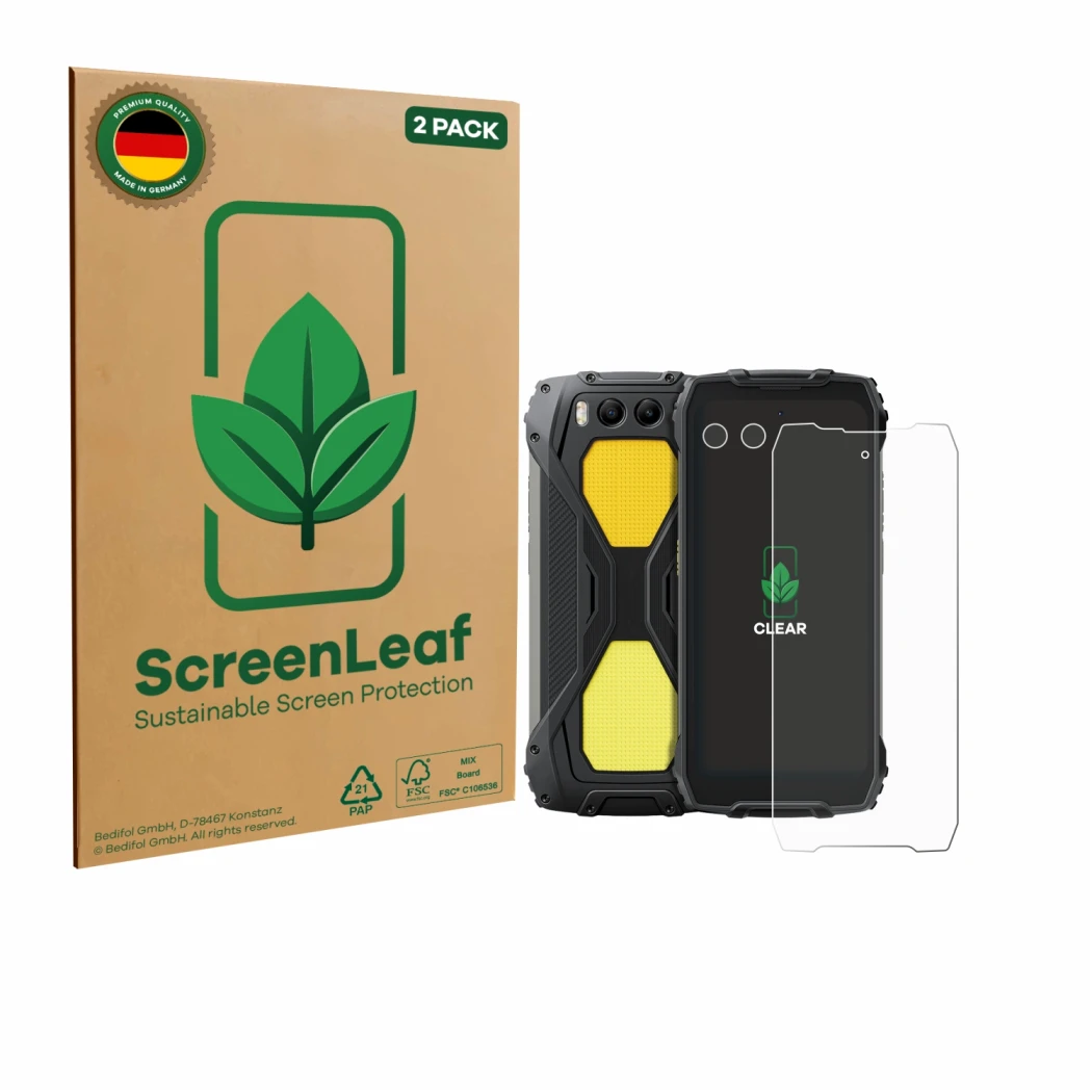 Parte frontale di una confezione del prodotto con il logo del marchio ScreenLeaf. Accanto è raffigurato il dispositivo Blackvi