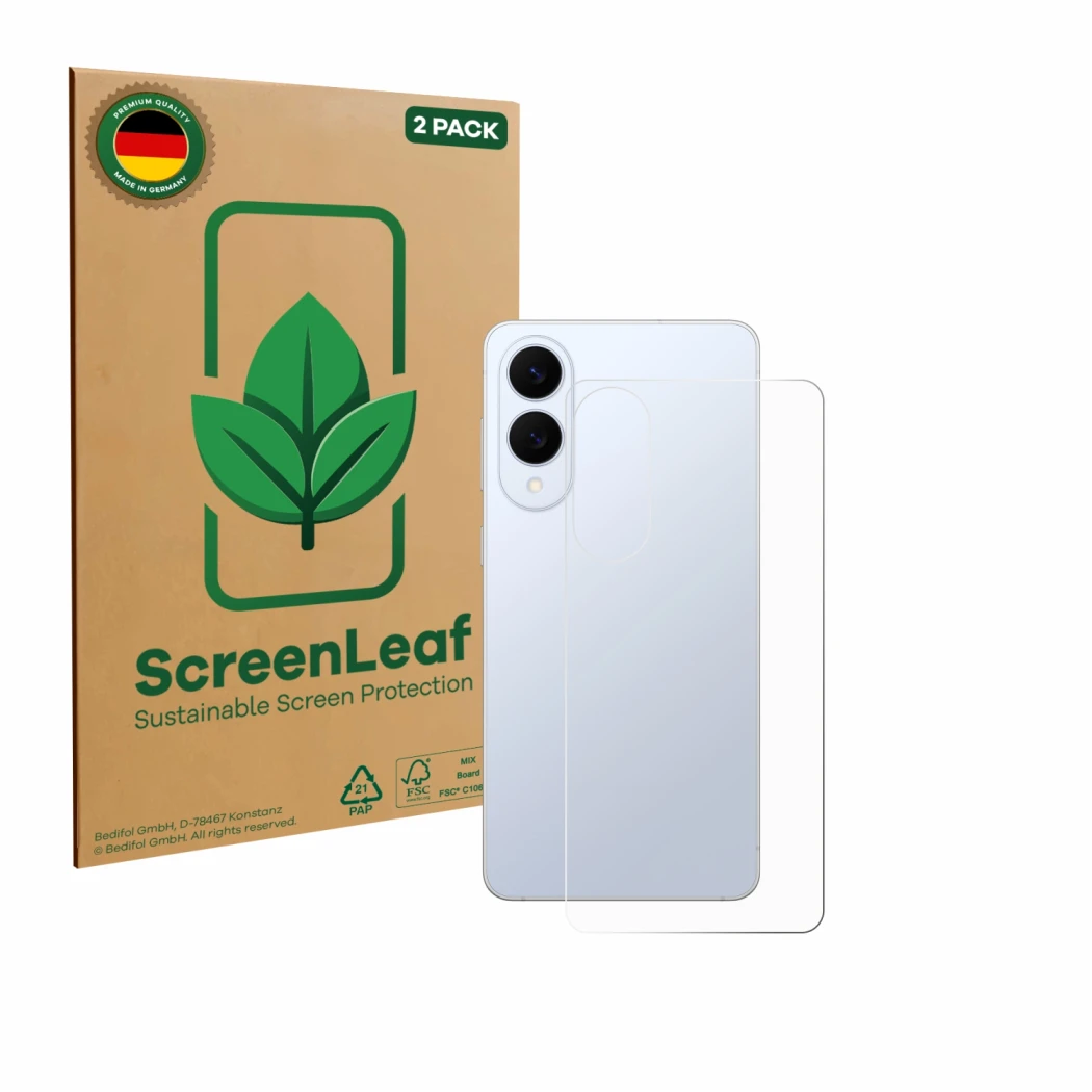 Parte frontale di una confezione del prodotto con il logo del marchio ScreenLeaf. Accanto è raffigurato il dispositivo Samsung