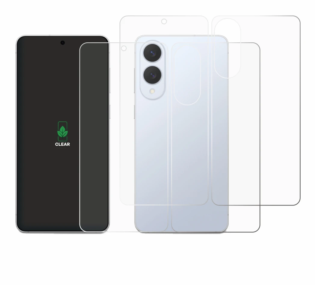 Immagine del dispositivo Samsung Galaxy S25 Edge (Fronte+Retro) con un'ampia varietà di protezioni per lo schermo.