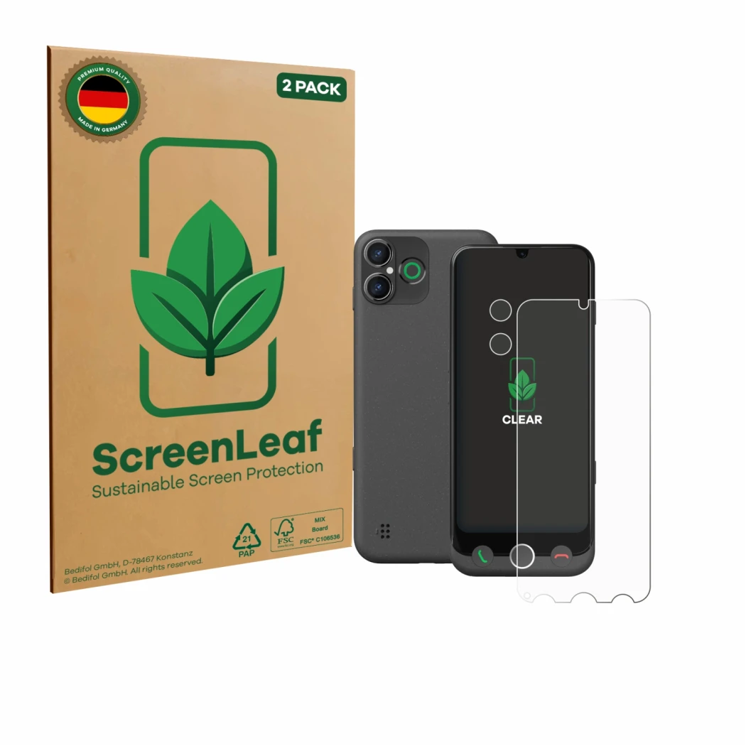Parte frontale di una confezione del prodotto con il logo del marchio ScreenLeaf. Accanto è raffigurato il dispositivo Doro Au