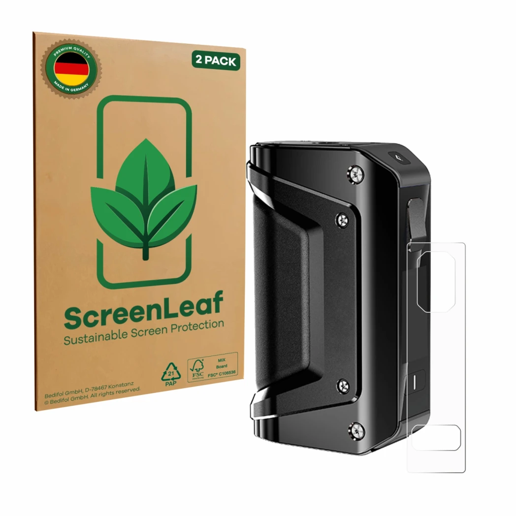 Parte frontale di una confezione del prodotto con il logo del marchio ScreenLeaf. Accanto è raffigurato il dispositivo GeekVap