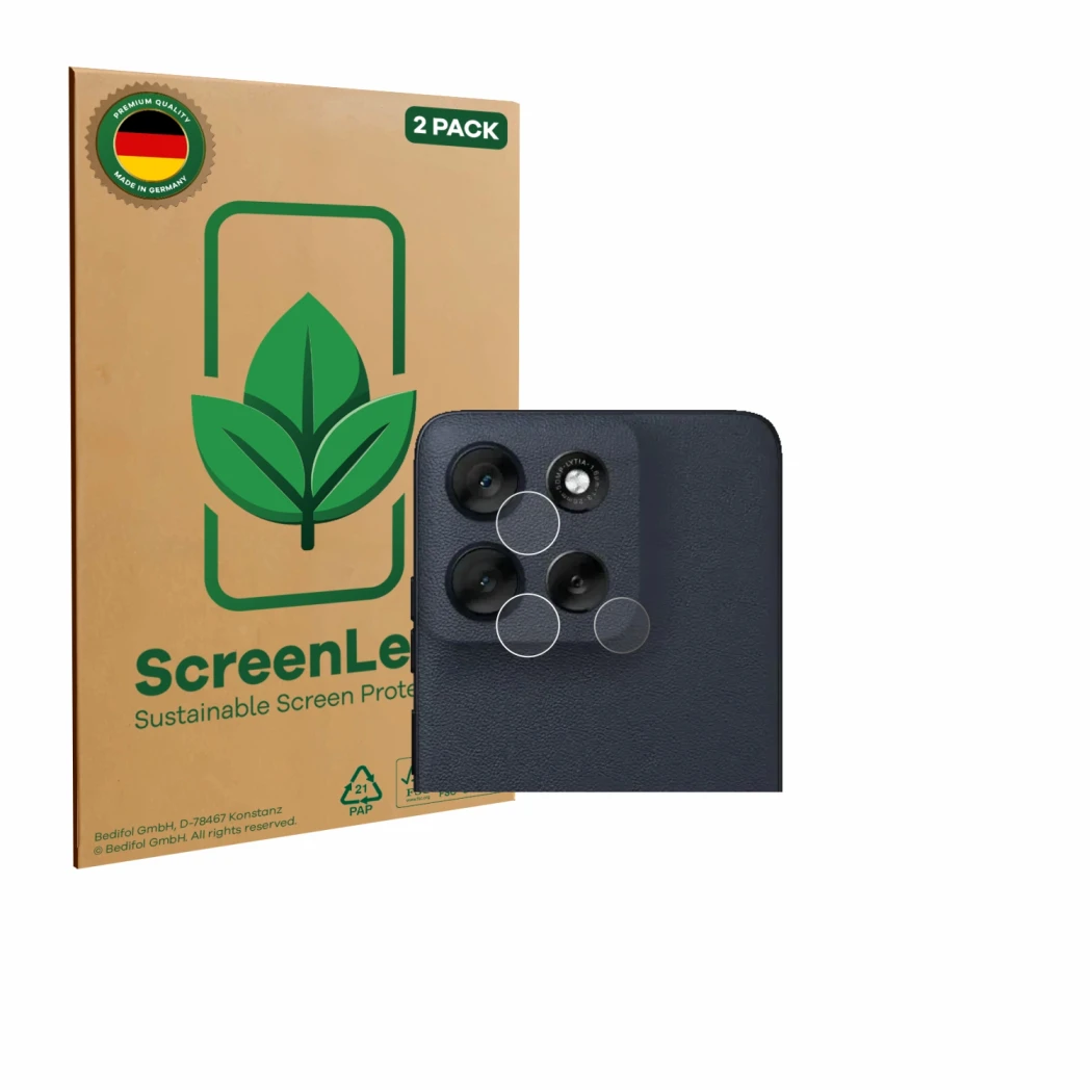 Parte frontale di una confezione del prodotto con il logo del marchio ScreenLeaf. Accanto è raffigurato il dispositivo Motorol
