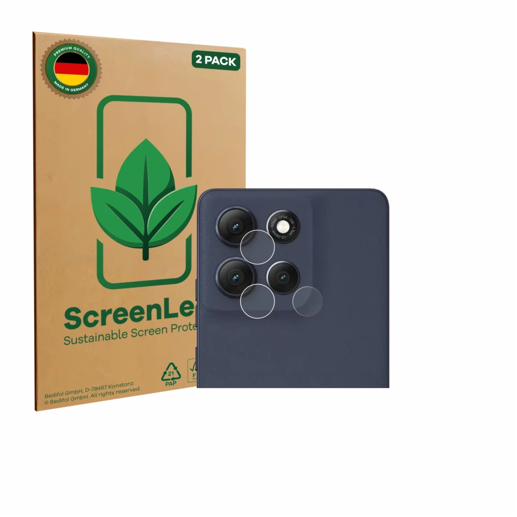 Parte frontale di una confezione del prodotto con il logo del marchio ScreenLeaf. Accanto è raffigurato il dispositivo Motorol