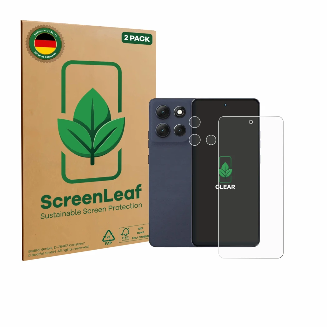 Parte frontale di una confezione del prodotto con il logo del marchio ScreenLeaf. Accanto è raffigurato il dispositivo Motorol