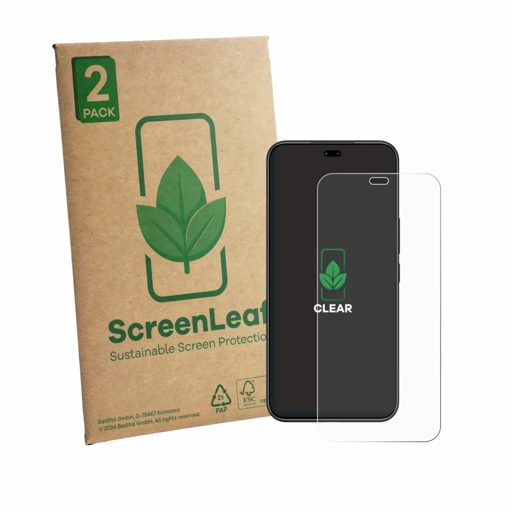 Parte frontale di una confezione del prodotto con il logo del marchio ScreenLeaf. Accanto è raffigurato il dispositivo Honor 4