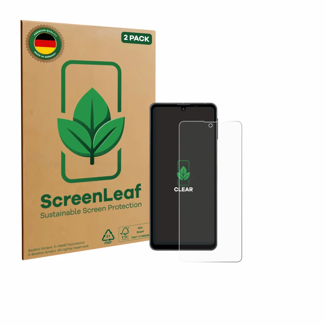 Parte frontale di una confezione del prodotto con il logo del marchio ScreenLeaf. Accanto è raffigurato il dispositivo Sharp A