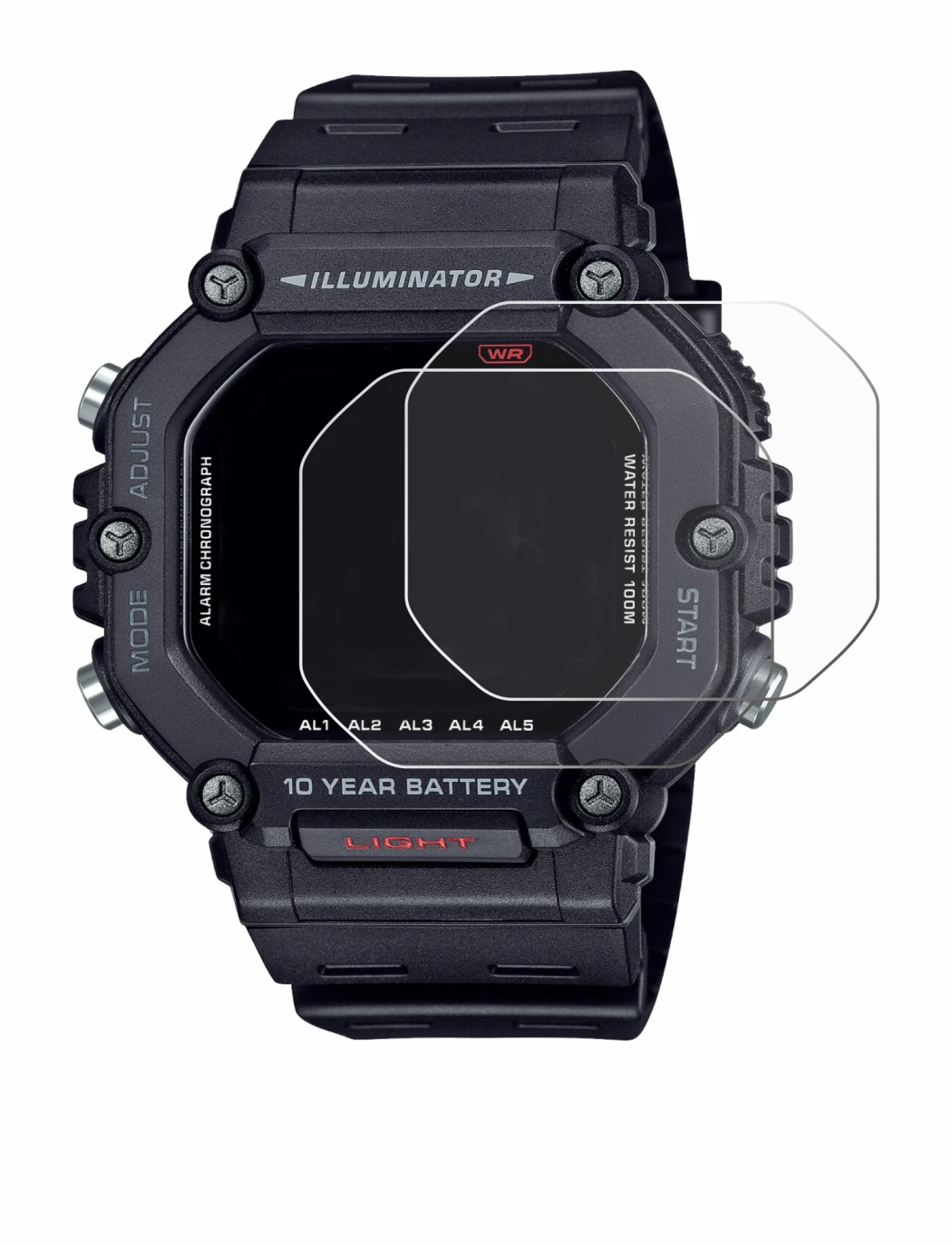 Immagine del dispositivo Casio AE-1600H con un'ampia varietà di protezioni per lo schermo.