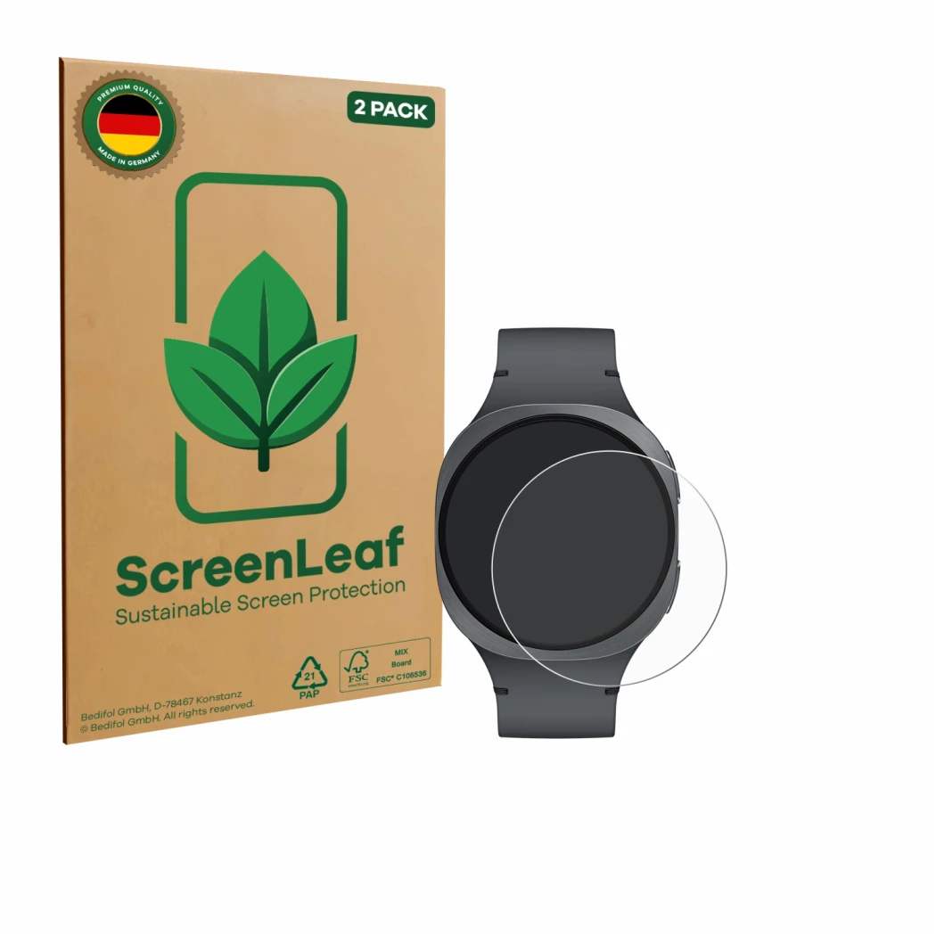 Parte frontale di una confezione del prodotto con il logo del marchio ScreenLeaf. Accanto è raffigurato il dispositivo Samsung