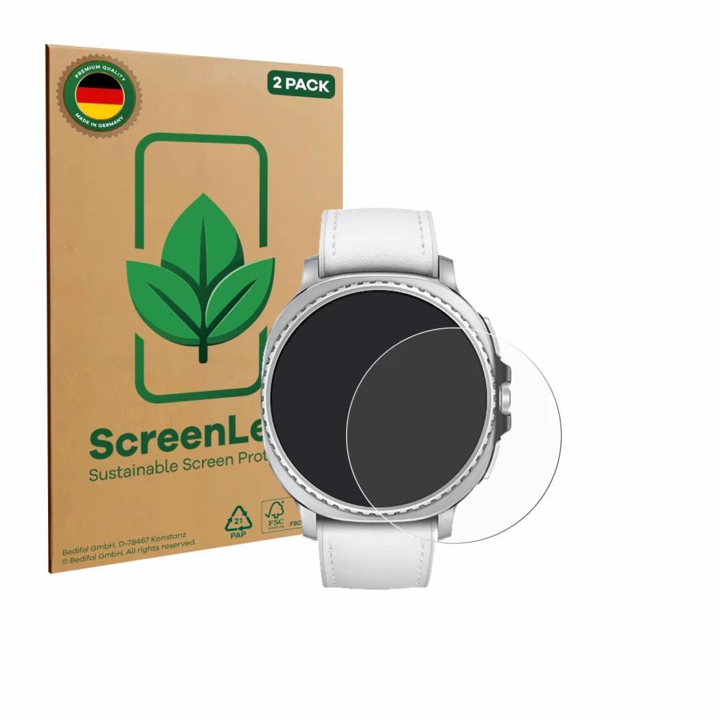 Parte frontale di una confezione del prodotto con il logo del marchio ScreenLeaf. Accanto è raffigurato il dispositivo Samsung