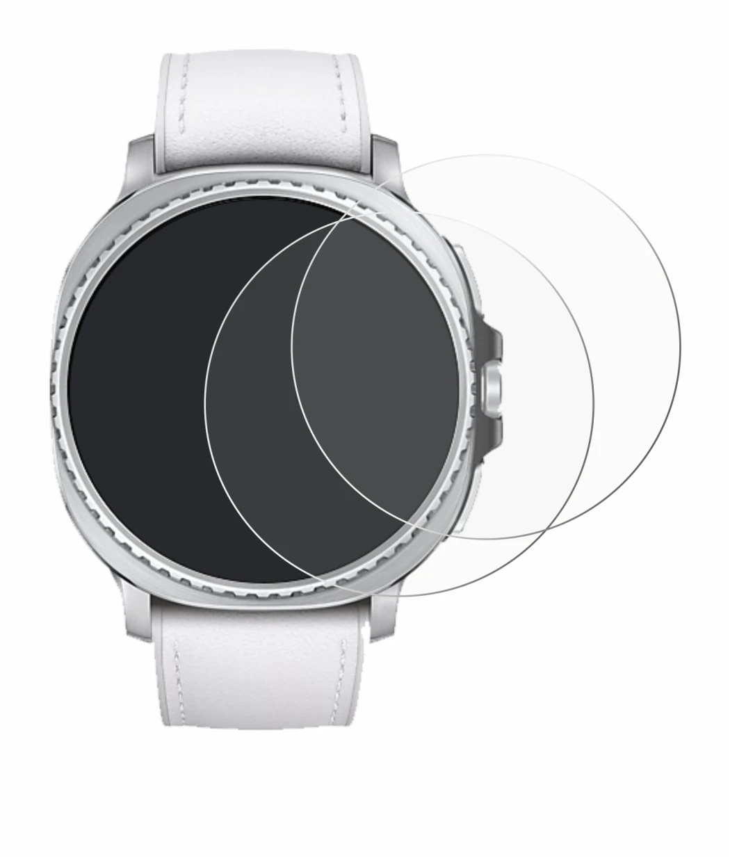 Immagine del dispositivo Samsung Galaxy Watch 8 Classic (46 mm) con un'ampia varietà di protezioni per lo schermo.