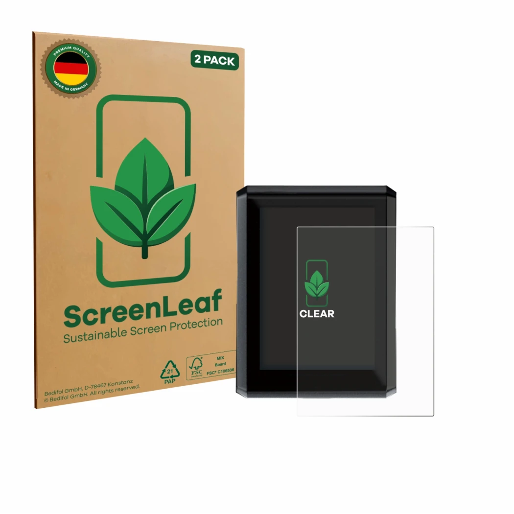 Parte frontale di una confezione del prodotto con il logo del marchio ScreenLeaf. Accanto è raffigurato il dispositivo Shimano