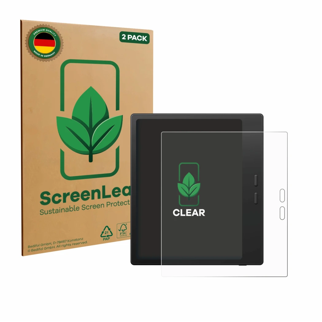 Parte frontale di una confezione del prodotto con il logo del marchio ScreenLeaf. Accanto è raffigurato il dispositivo Boox Go