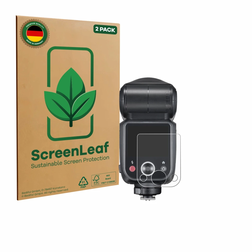 Parte frontale di una confezione del prodotto con il logo del marchio ScreenLeaf. Accanto è raffigurato il dispositivo Godox V