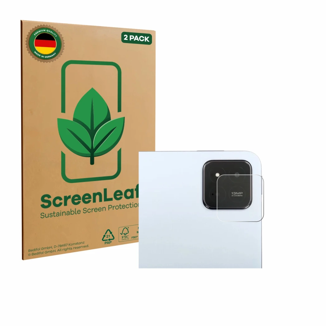 Parte frontale di una confezione del prodotto con il logo del marchio ScreenLeaf. Accanto è raffigurato il dispositivo Xiaomi 