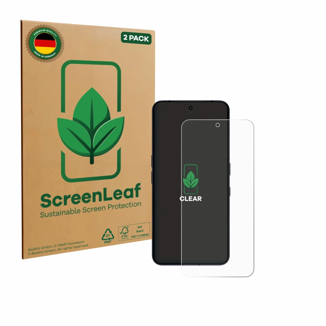 Parte frontale di una confezione del prodotto con il logo del marchio ScreenLeaf. Accanto è raffigurato il dispositivo Nothing