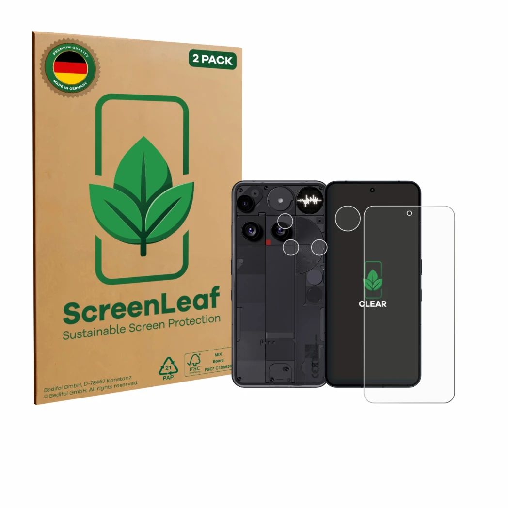 Parte frontale di una confezione del prodotto con il logo del marchio ScreenLeaf. Accanto è raffigurato il dispositivo Nothing