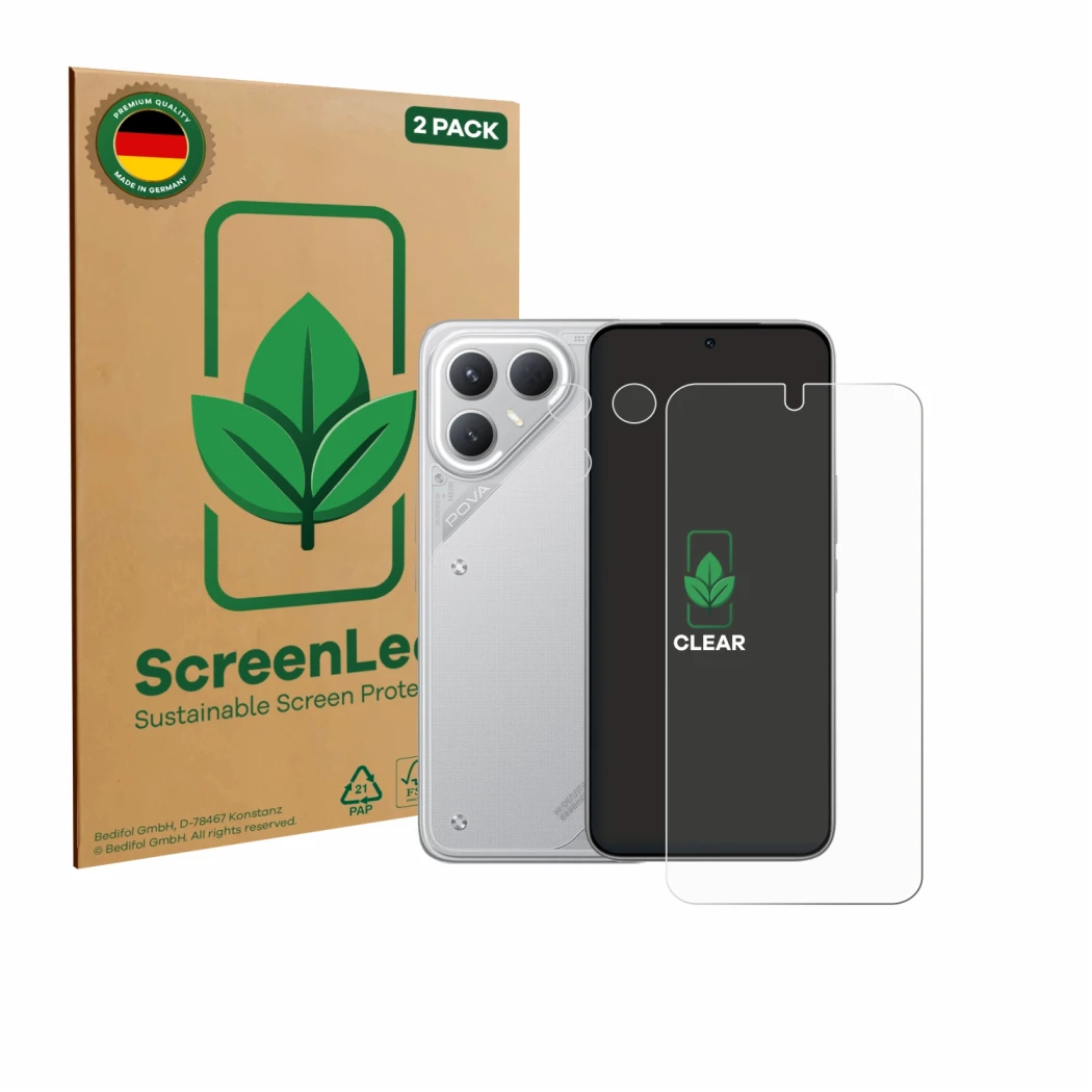 Parte frontale di una confezione del prodotto con il logo del marchio ScreenLeaf. Accanto è raffigurato il dispositivo Tecno P