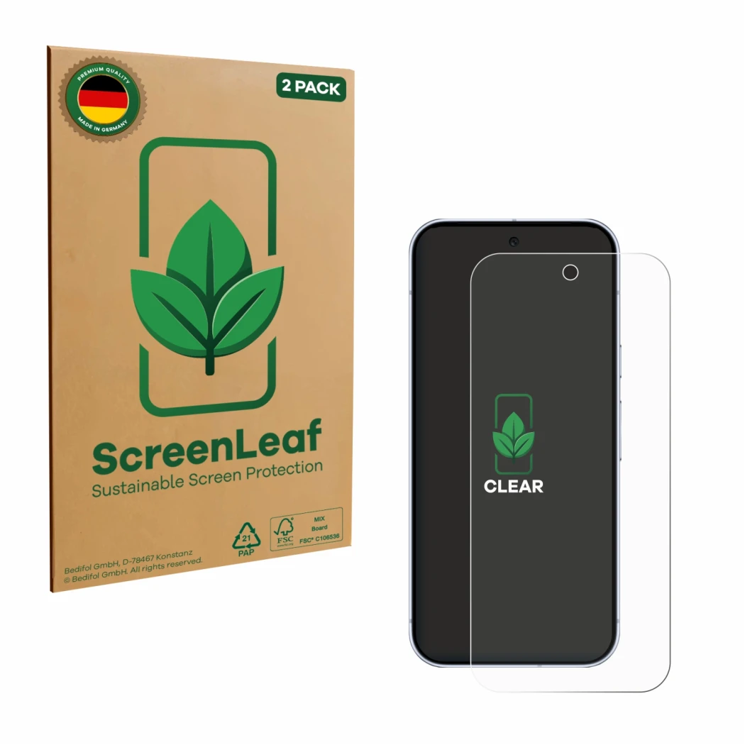 Parte frontale di una confezione del prodotto con il logo del marchio ScreenLeaf. Accanto è raffigurato il dispositivo Google 