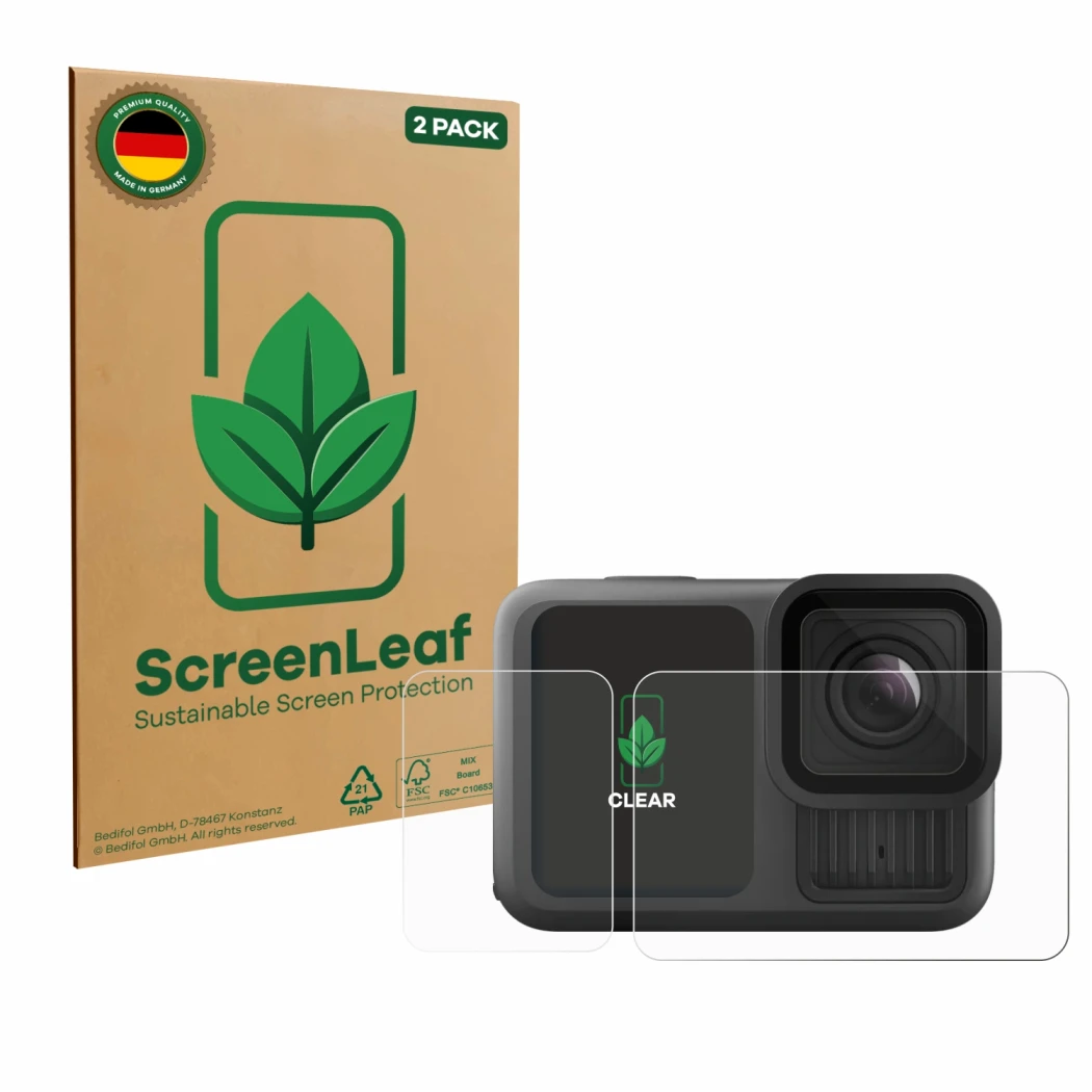 Parte frontale di una confezione del prodotto con il logo del marchio ScreenLeaf. Accanto è raffigurato il dispositivo GoPro H