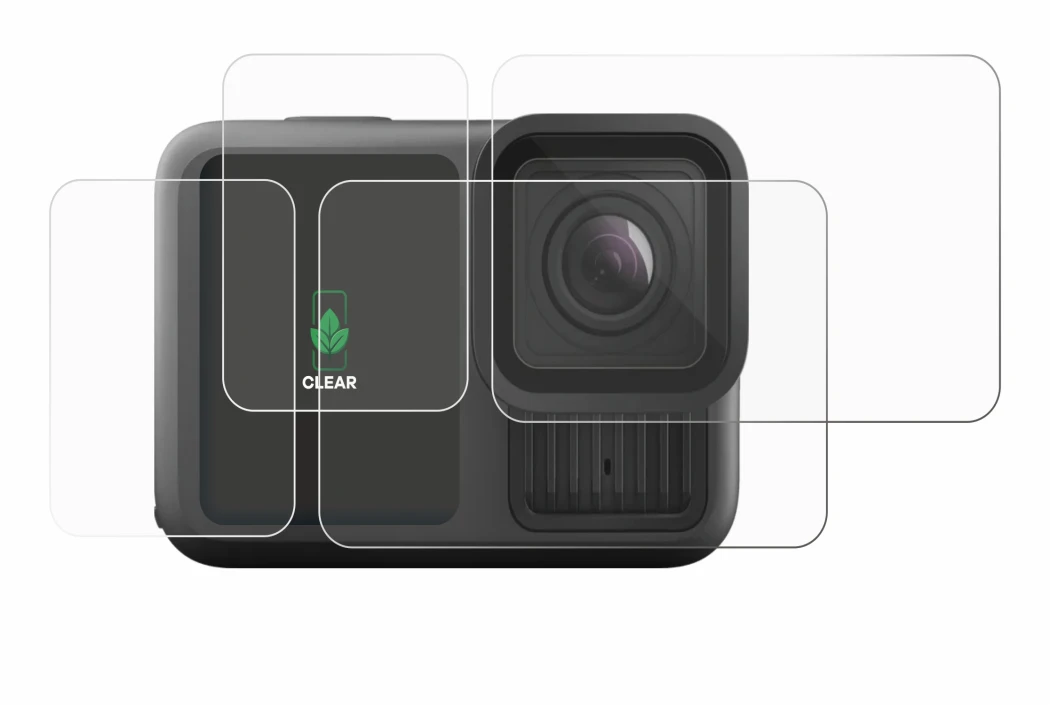Immagine del dispositivo GoPro Hero 13 Black Creator Edition con un'ampia varietà di protezioni per lo schermo.