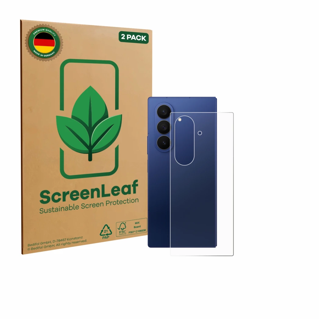 Parte frontale di una confezione del prodotto con il logo del marchio ScreenLeaf. Accanto è raffigurato il dispositivo Samsung
