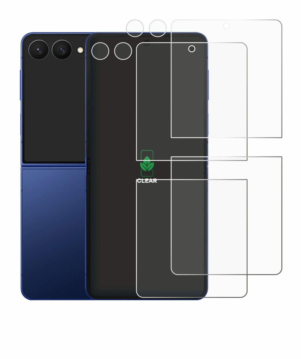 Immagine del dispositivo Samsung Galaxy Z Flip 7 (Fronte+Fotocamera) con un'ampia varietà di protezioni per lo schermo.