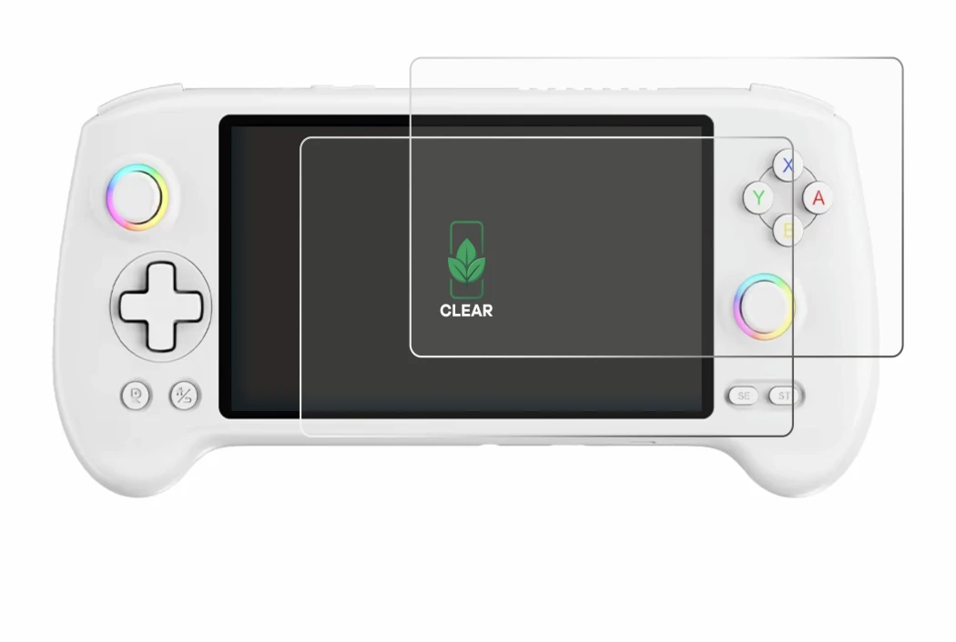 Immagine del dispositivo Anbernic RG557 con un'ampia varietà di protezioni per lo schermo.