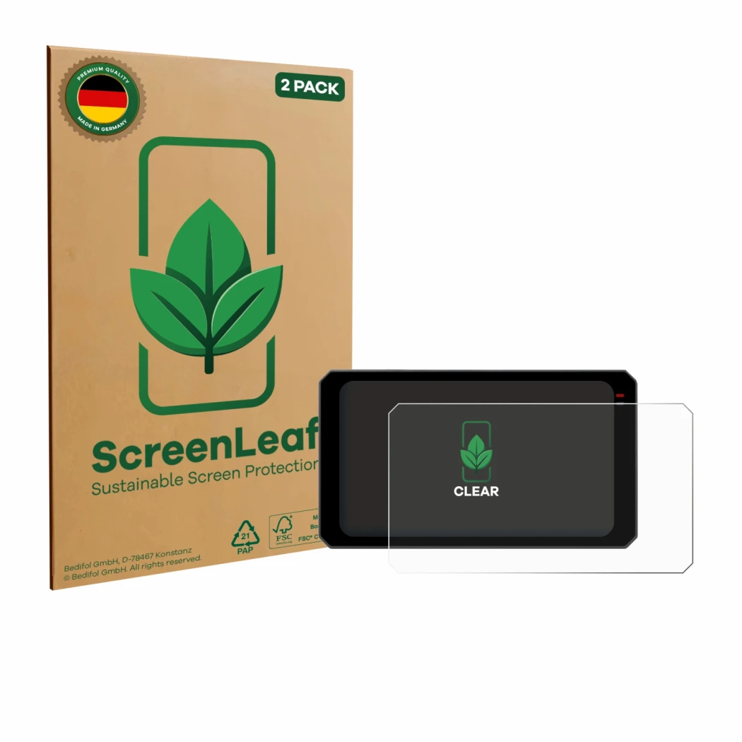 Parte frontale di una confezione del prodotto con il logo del marchio ScreenLeaf. Accanto è raffigurato il dispositivo Chigee 