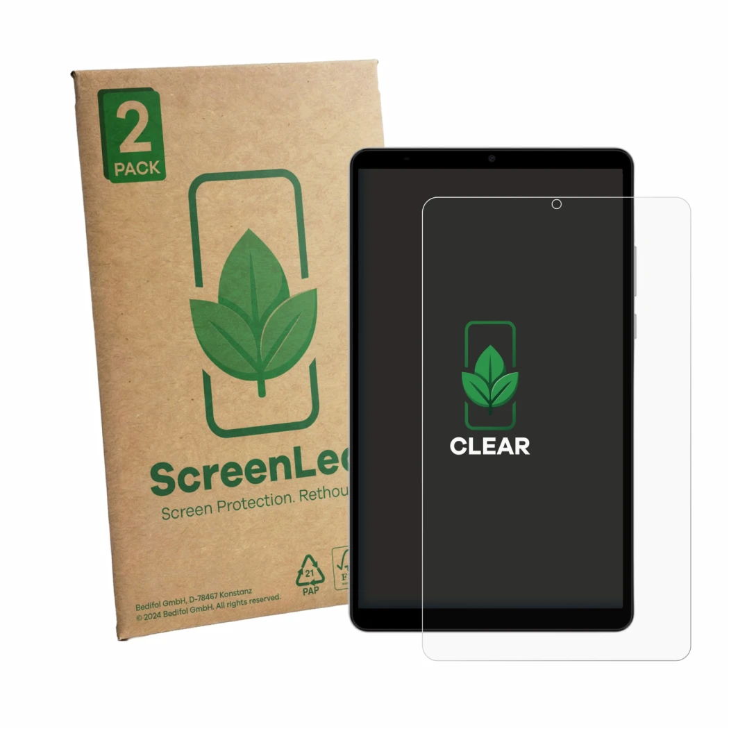 Parte frontale di una confezione del prodotto con il logo del marchio ScreenLeaf. Accanto è raffigurato il dispositivo Honor P