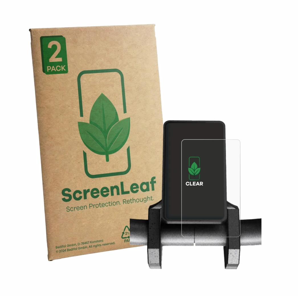 Parte frontale di una confezione del prodotto con il logo del marchio ScreenLeaf. Accanto è raffigurato il dispositivo Joyor S