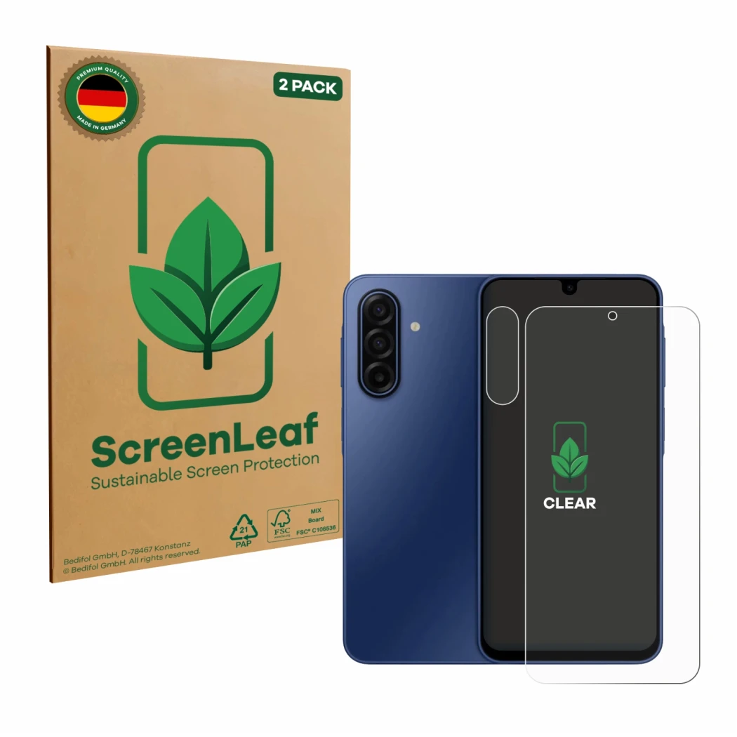 Parte frontale di una confezione del prodotto con il logo del marchio ScreenLeaf. Accanto è raffigurato il dispositivo Samsung